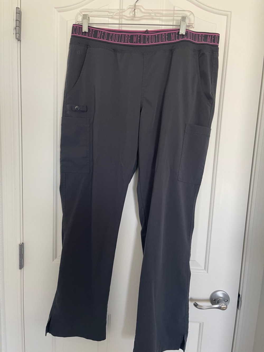 Med Couture Gray Scrub Pants with Pink Logo Waistband